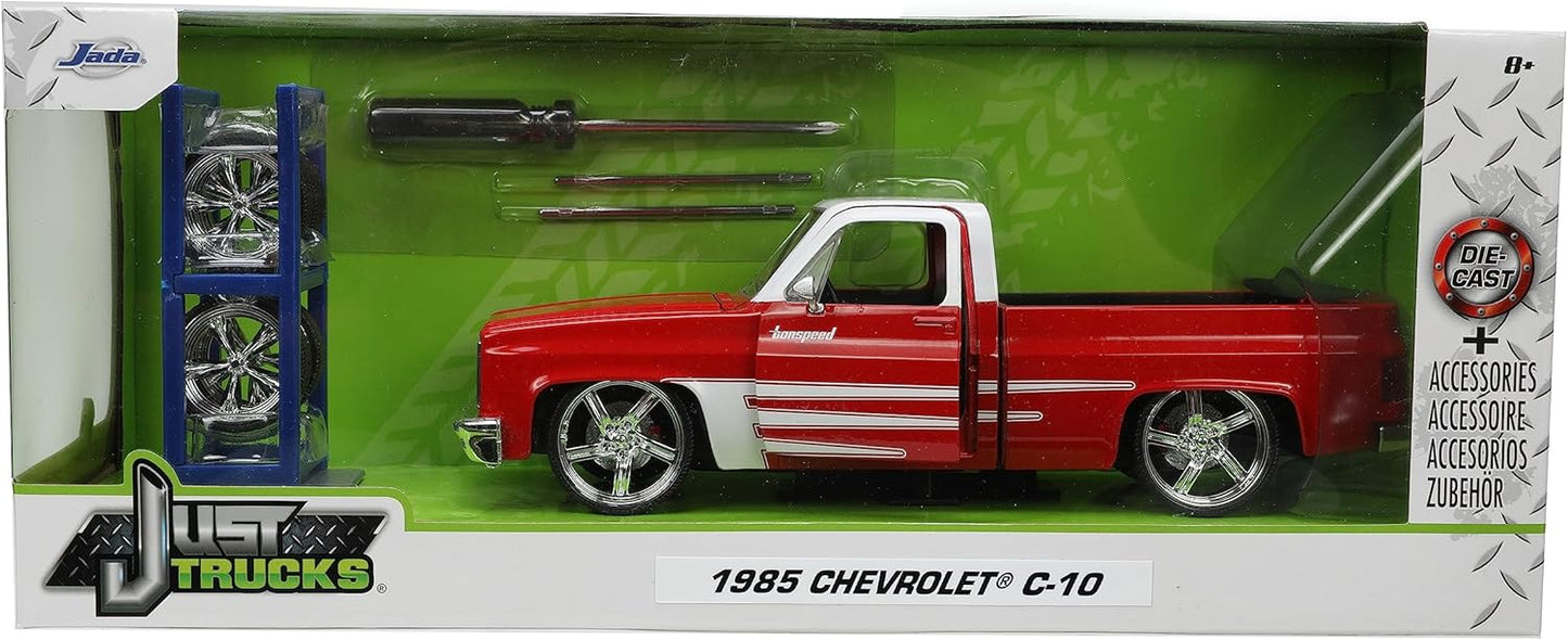 Just Trucks 1:24 1985 Chevy C10 Die-Cast Truck w/Tire Rack – Red/White