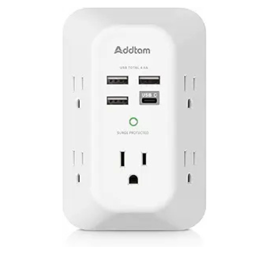 Addtam USB Wall Charger – 5 Outlets + 4 USB (1 USB-C), 1800J Surge Protector
