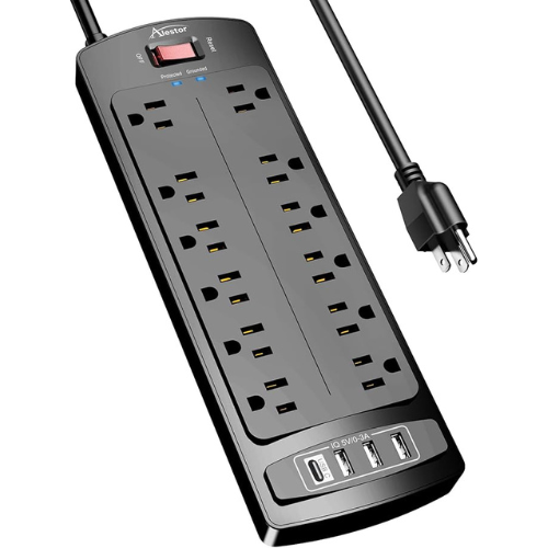 ALESTOR Surge Protector Power Strip – 12 Outlets, 4 USB, 6Ft, 2700J