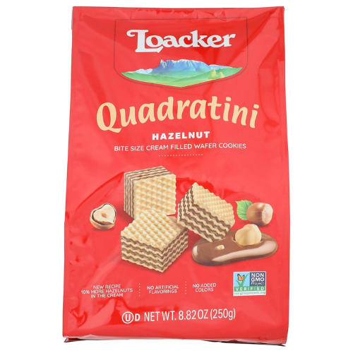 Loacker Quadratini Hazelnut Wafer Cookies  30% Less Sugar Bite, 250g/8.82oz