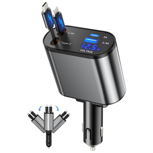 4-in-1 Retractable Car Charger – USB-C & USB-A Fast Charging