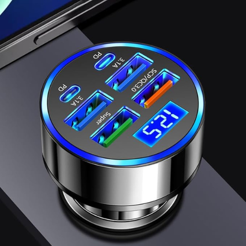 6-in-1 Multi-Port Car Charger – 2PD + 3USB + QC3.0, Voltage Detection
