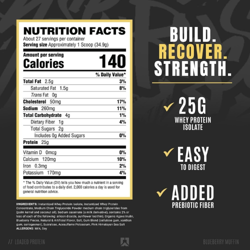 Ryse Loaded Protein Powder Low Carbs & Low Sugar 27 Servings (Blueberry Muffin)