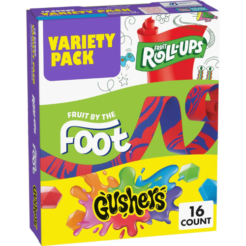 Fruit Roll Ups , Fruit by the Foot & Gushers Variety Pack , 16 Count.