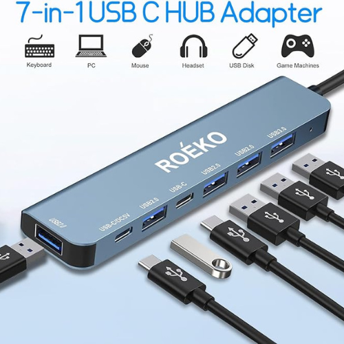 7-in-1 USB Hub – USB-C Multiport Adapter with 1×USB 3.0, 4×USB 2.0, 2×USB-C (Grey)