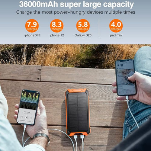 GOODaaa 36000mAh Solar Power Bank – Wireless + Wired Charging (Built-in Cables)