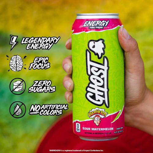 GHOST Energy Drink , Warheads Sour Watermelon , 16oz (12 Pack)  200mg