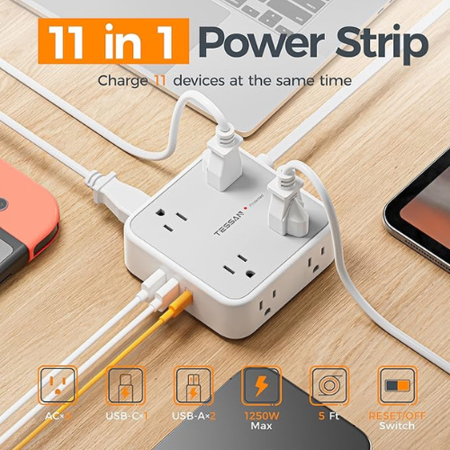 TESSAN Power Strip – 8 Outlets, 3 USB, 5Ft Cord, 900J