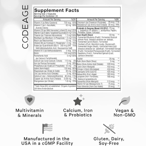 Codeage Teen Multivitamin – 25+ Nutrients, Organic, Omega-3, 60ct