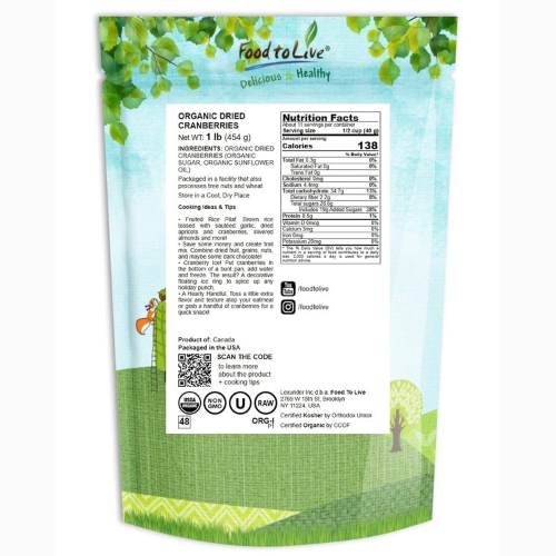 Food to Live Organic Dried Cranberries, 1 Pound – Non-GMO, Kosher, Unsulfured, Bulk