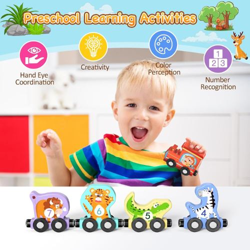 Magnetic Wooden Animal Train Set 11 Piece Educational Wooden Play Set.