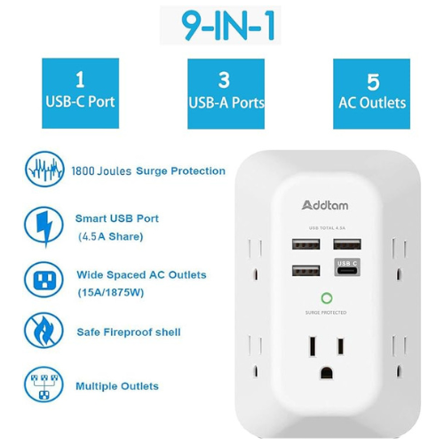 Addtam USB Wall Charger β 5 Outlets + 4 USB (1 USB-C), 1800J Surge Protector