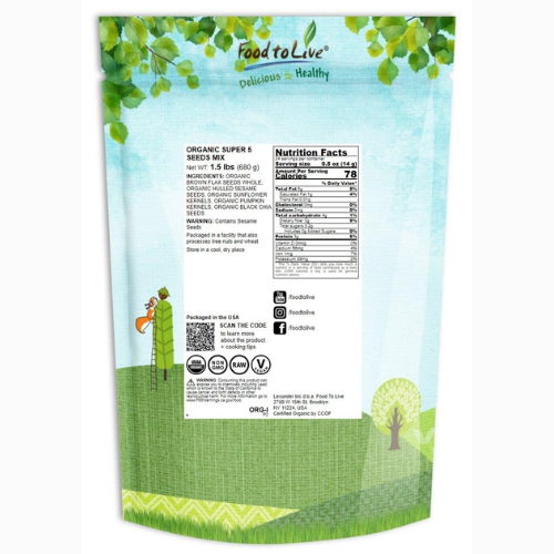 Food to Live Organic Super 5 Seeds Mix, 1.5 Pounds