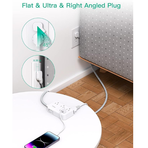 Power Strip Extension Cord β 6 Outlets + 4 USB (2 USB-C), 5FT Braided, Flat Plug