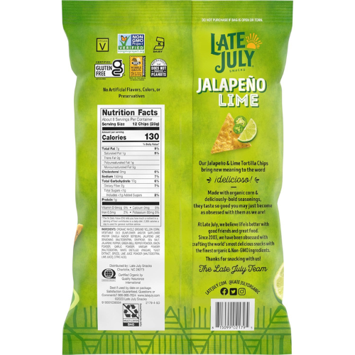 Late July Snacks Jalapeno Lime Tortilla Chips 7.8 OZ Bag