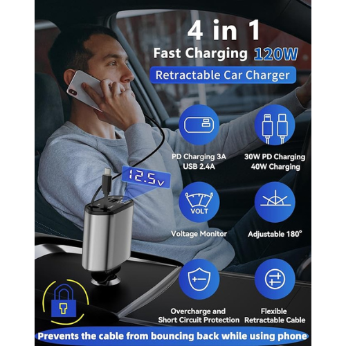 4-in-1 Retractable Car Charger β USB-C & USB-A Fast Charging