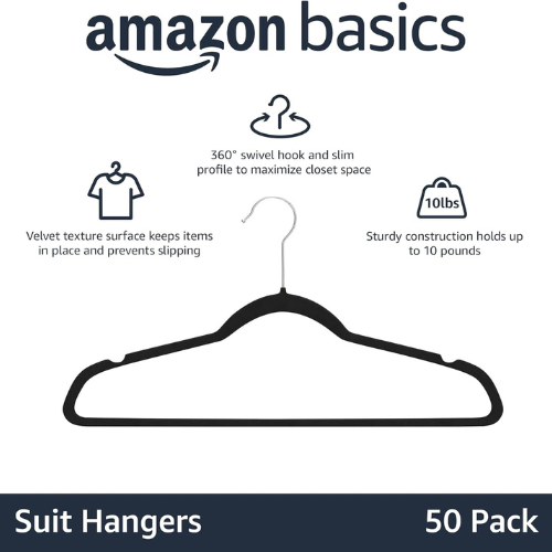 Amazon Basics Slim Velvet , Non Slip Suit Clothes Hangers , Pack of 50 , Black