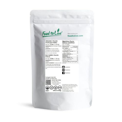 Food to Live Organic Italian Pearled Farro, 3 Pounds