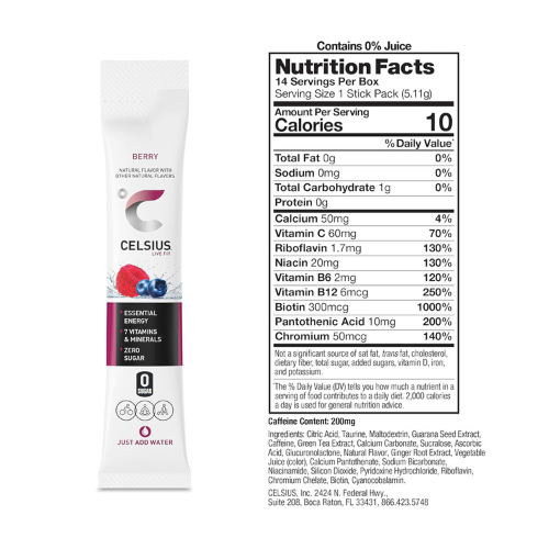 CELSIUS On-the-Go Powder Sticks – Berry, 14 Pack, Zero Sugar