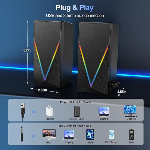 RGB Desktop Computer Speakers – USB Powered, Aux & Headphone Jack