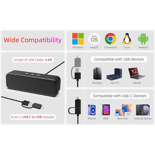 USB Computer Soundbar β Wired Speaker with Deep Bass & Touch Control