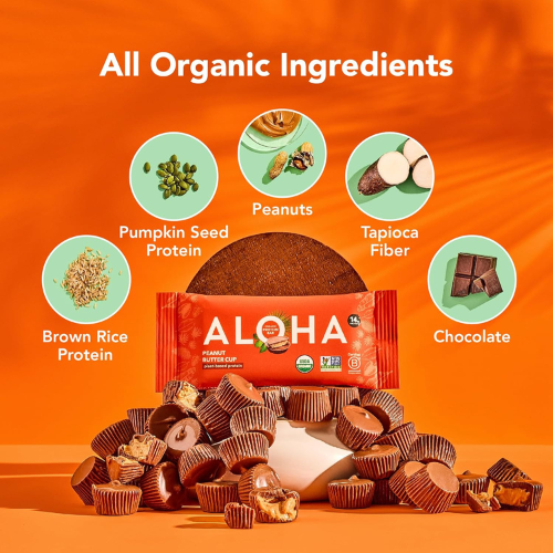 ALOHA Organic Plant Based Protein Bars Peanut Butter Cup , 12 Count Vegan , Gluten Free , Low Sugar , Low Carb , Non GMO , No Stevia , No Erythritol