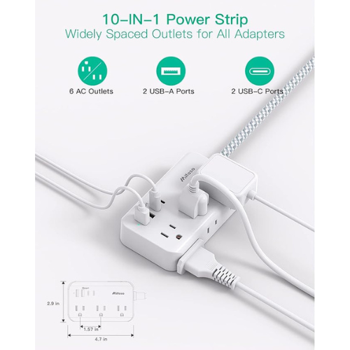 Power Strip Extension Cord β 6 Outlets + 4 USB (2 USB-C), 5FT Braided, Flat Plug