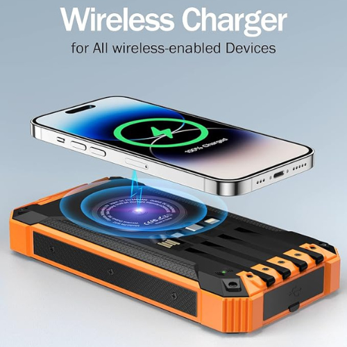 GOODaaa 36000mAh Solar Power Bank – Wireless + Wired Charging (Built-in Cables)