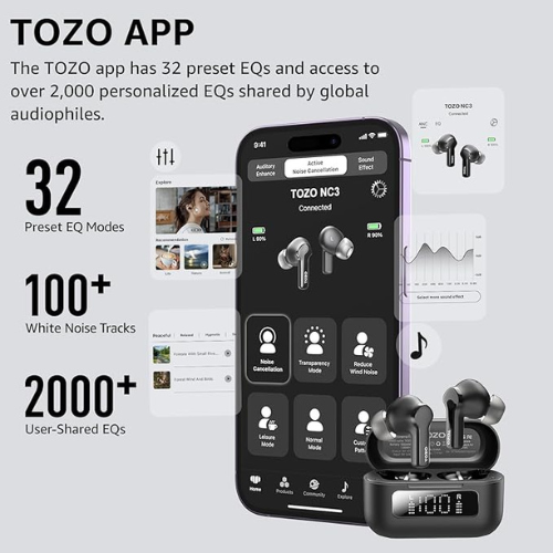 TOZO NC3 Wireless Earbuds โ Hybrid ANC, 55H Playtime, IPX8