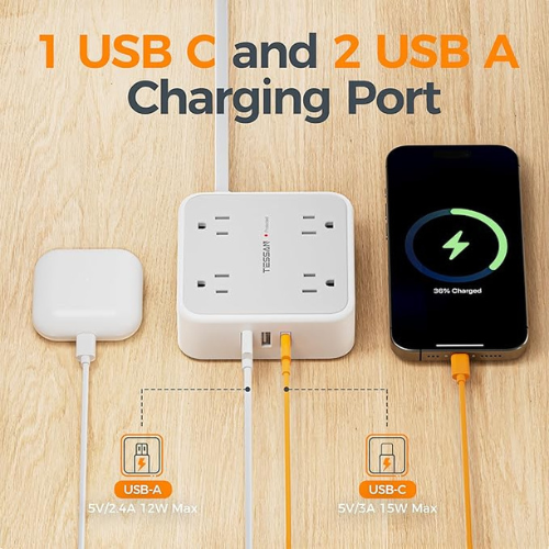 TESSAN Power Strip – 8 Outlets, 3 USB, 5Ft Cord, 900J