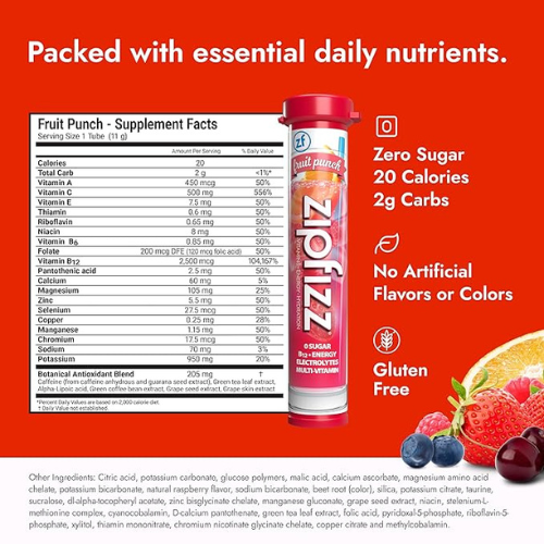 Zipfizz Energy Drink Powder – Fruit Punch, 20 Pack