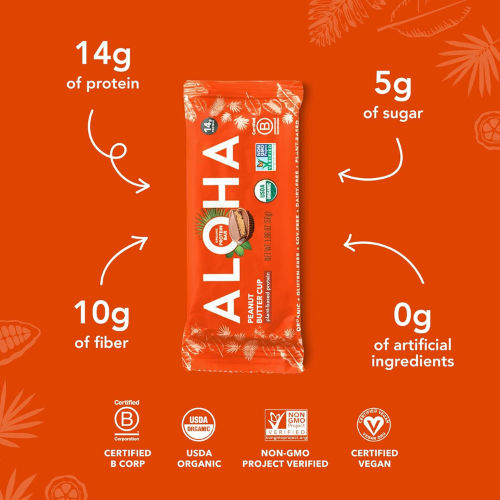 ALOHA Organic Plant Based Protein Bars Peanut Butter Cup , 12 Count Vegan , Gluten Free , Low Sugar , Low Carb , Non GMO , No Stevia , No Erythritol