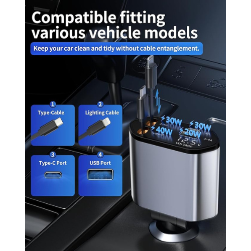 4-in-1 Retractable Car Charger β USB-C & USB-A Fast Charging