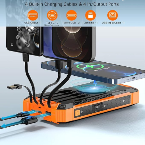 GOODaaa 36000mAh Solar Power Bank – Wireless + Wired Charging (Built-in Cables)