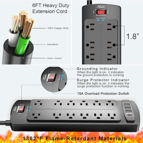 ALESTOR Surge Protector Power Strip – 12 Outlets, 4 USB, 6Ft, 2700J