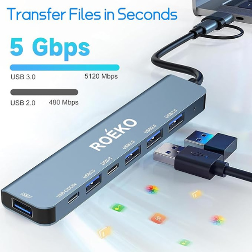 7-in-1 USB Hub – USB-C Multiport Adapter with 1×USB 3.0, 4×USB 2.0, 2×USB-C (Grey)