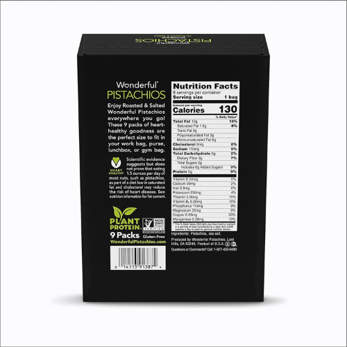 Wonderful Pistachios Roasted & Salted , In Shell Protein Snacks , 1.5 oz Bags (Pk of 9)