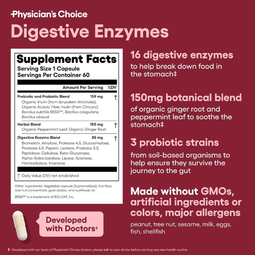 Physician's CHOICE Digestive Enzymes, Prebiotics & Probiotics – Gut Health, 60ct