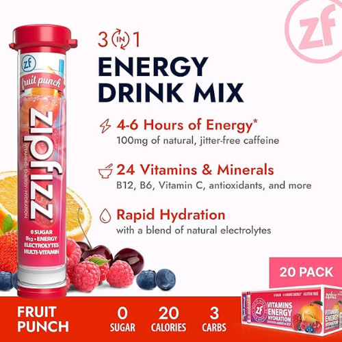 Zipfizz Energy Drink Powder – Fruit Punch, 20 Pack