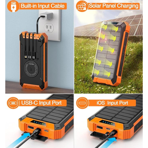 GOODaaa 36000mAh Solar Power Bank – Wireless + Wired Charging (Built-in Cables)
