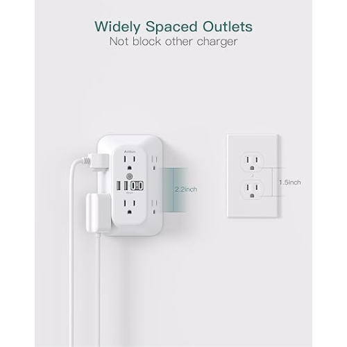 Addtam Surge Protector Wall Extender – 6 Outlets, 4 USB, 1800J