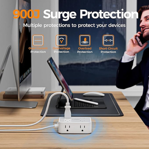 TESSAN Power Strip – 8 Outlets, 3 USB, 5Ft Cord, 900J