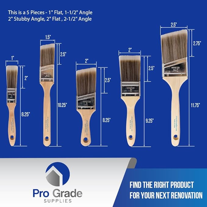 Pro Grade Paint Brush Set – 5 Piece, Flat & Angle