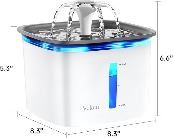 Veken Pet Water Fountain β 95oz/2.8L, Automatic Dispenser with Filters (Grey)