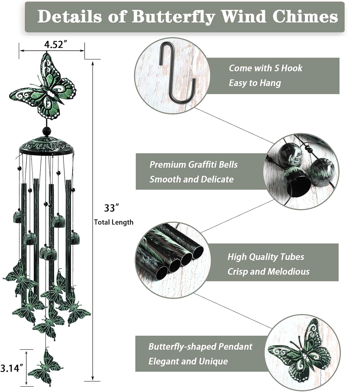 33" Green Butterfly Outdoor Wind Chimes – Garden, Porch, Patio, or Gift for Women and Moms