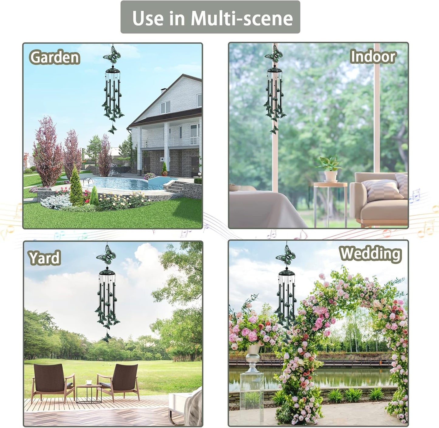 33" Green Butterfly Outdoor Wind Chimes – Garden, Porch, Patio, or Gift for Women and Moms
