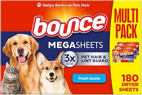 Bounce Pet Hair Guard Dryer Sheets – 180-Count, Fresh Scent, Mega Size