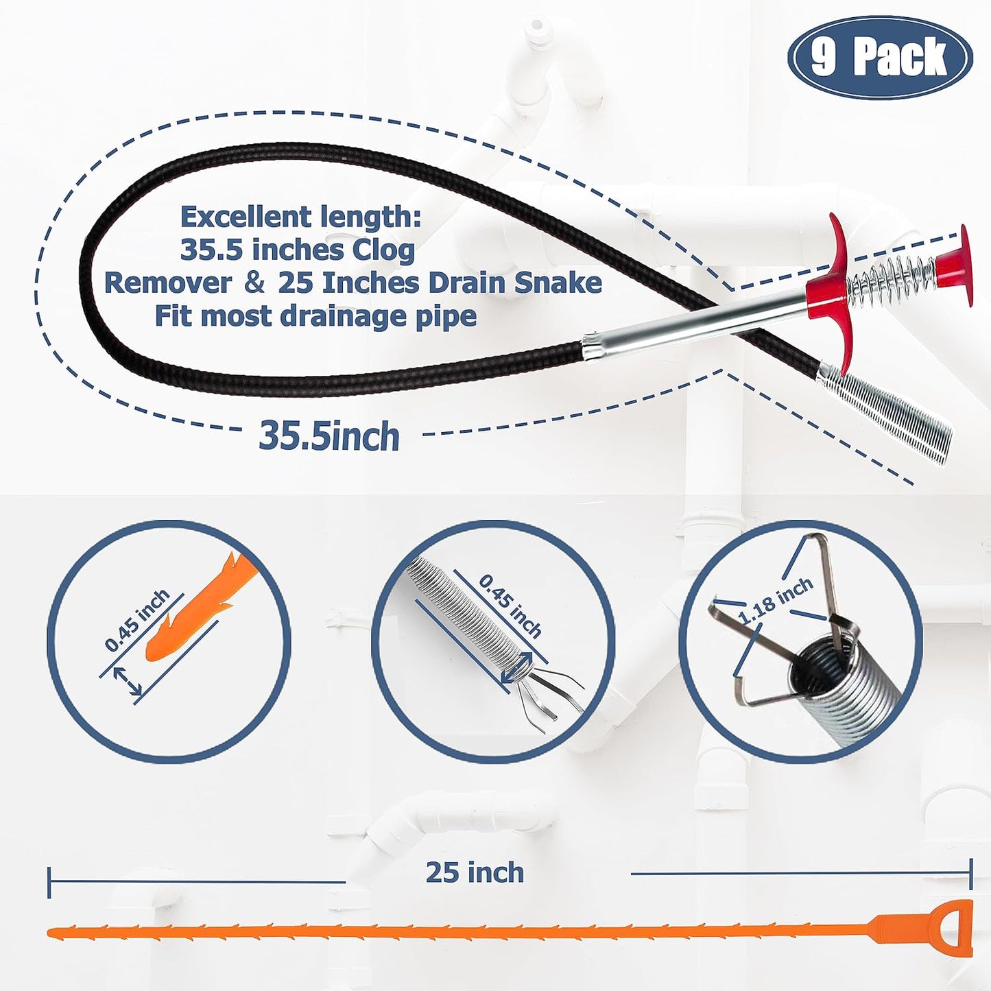 9-Piece Drain Cleaner Tool Set – Clog Remover, Hair Snake & Brush