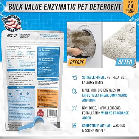 Pet Laundry Detergent – Enzyme Powder, Odor & Stain Remover, 64 Loads
