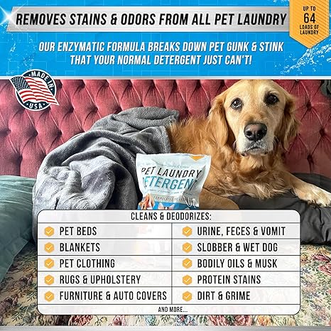 Pet Laundry Detergent – Enzyme Powder, Odor & Stain Remover, 64 Loads